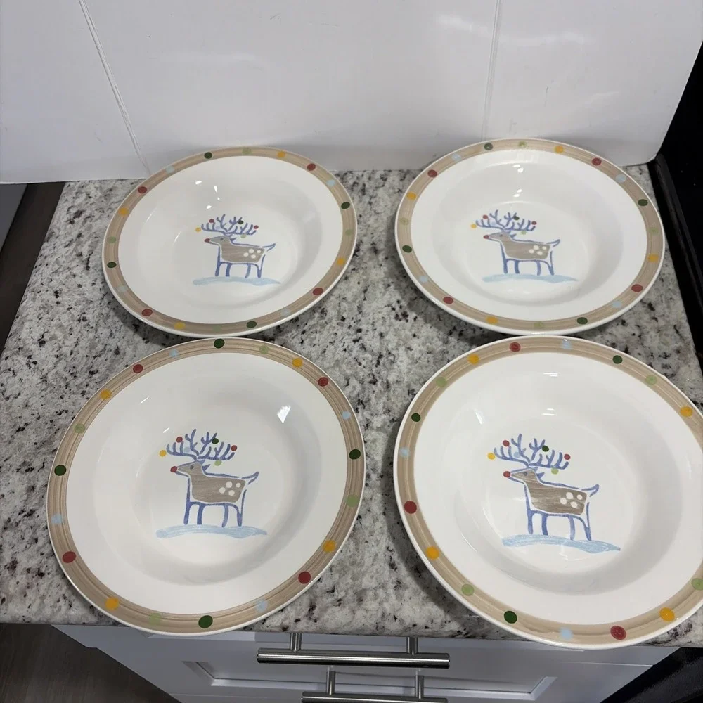 4 HOME Italy Ceramic Holiday Reindeer Bowls Christmas Polka Dot Rimmed SoupPasta